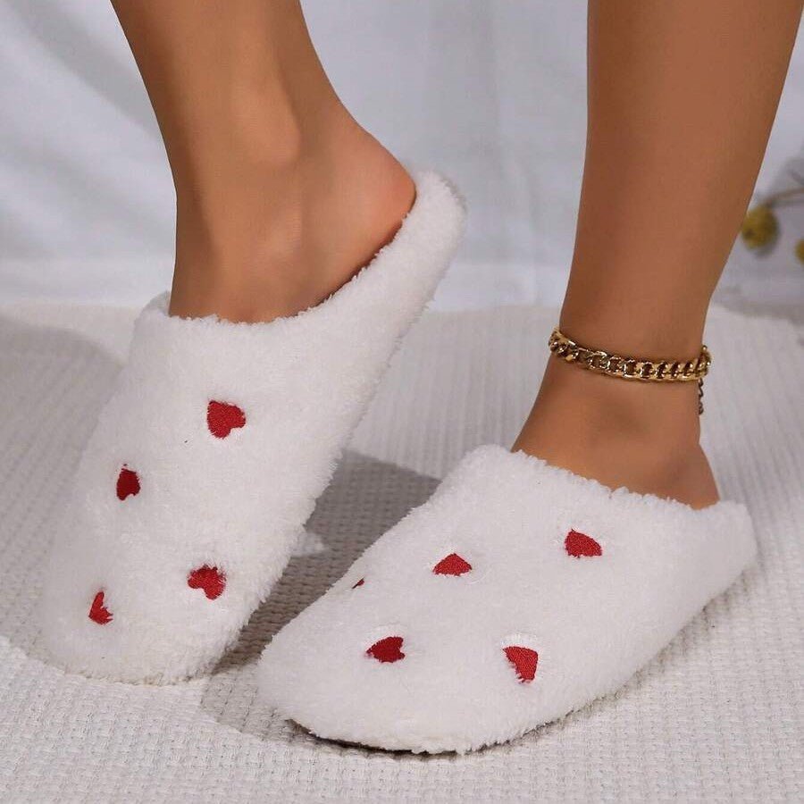 Pantoufles Femme - CozyWarmSlippers™ - Blanc à Cœurs Rouges - Laviizi