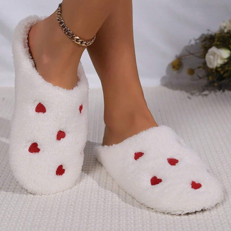 Pantoufles Femme - CozyWarmSlippers™ - Blanc à Cœurs Rouges - Laviizi