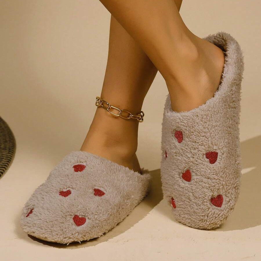 Pantoufles Femme - CozyWarmSlippers™ - Khaki à Cœurs Rouge - Laviizi