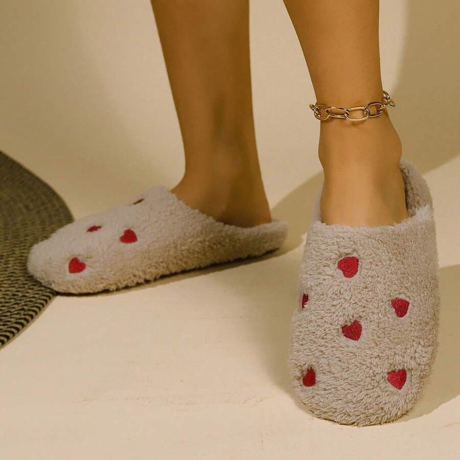 Pantoufles Femme - CozyWarmSlippers™ - Khaki à Cœurs Rouge - Laviizi