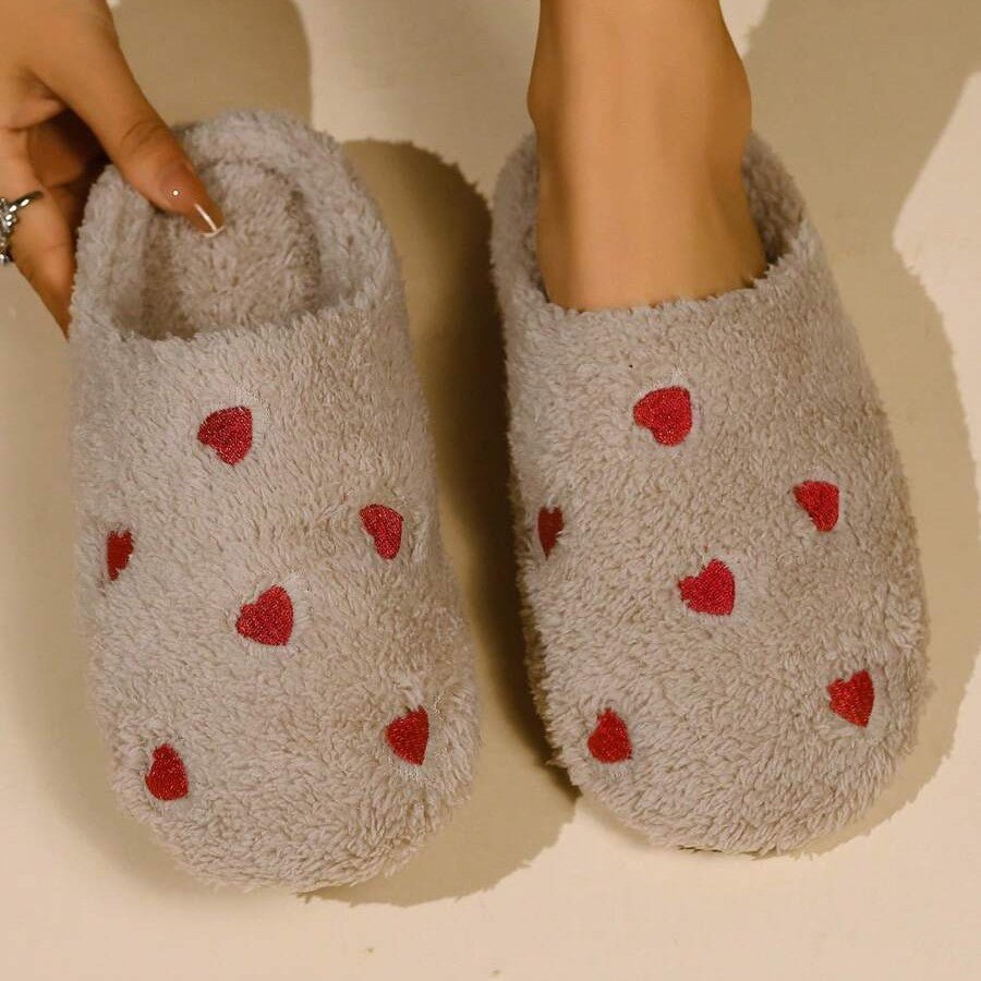 Pantoufles Femme - CozyWarmSlippers™ - Khaki à Cœurs Rouge - Laviizi